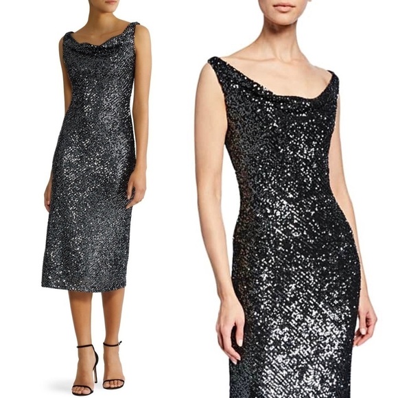 NAEEM KHAN Sequin Draped Shawl Collar Sleeveless Sheath Midi Cocktail Dress 8 - Picture 1 of 9